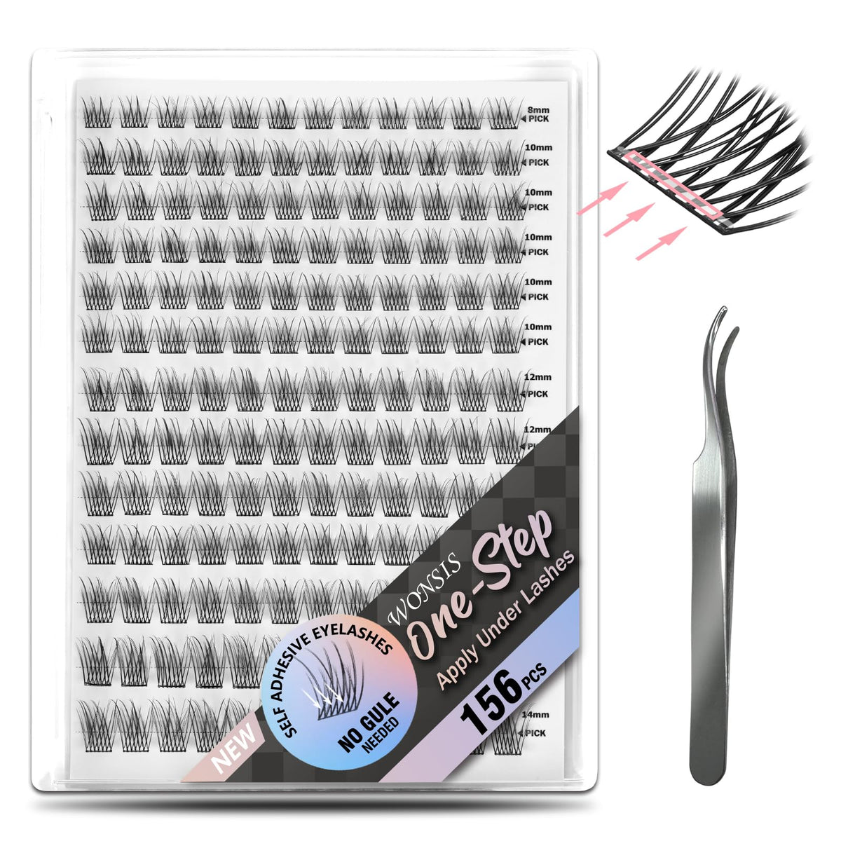 WONSIS self-adhesive eyelashes packaging showing 156 clusters for quick glam touch-ups.