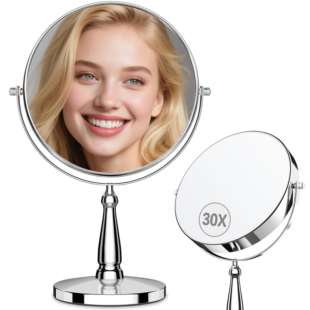 WOOCICA 30X magnifying mirror close-up for precise tweezing and makeup checks.