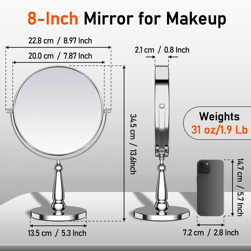 WOOCICA double-sided vanity mirror shows standard and magnified views for detail work.