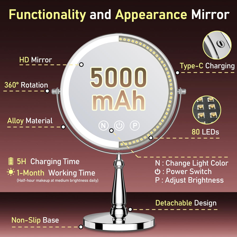 WOOCICA makeup mirror 5000mAh battery enables longer use between charges.