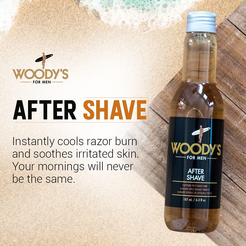 Woody's Aftershave Tonic being applied for cooling skin comfort.