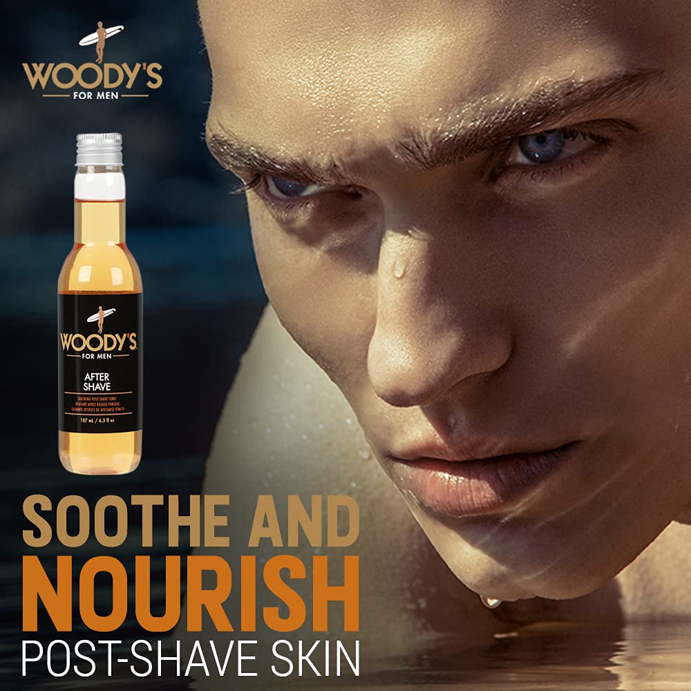 Woody's Aftershave Tonic cap and bottle detail, showcasing premium botanicals.