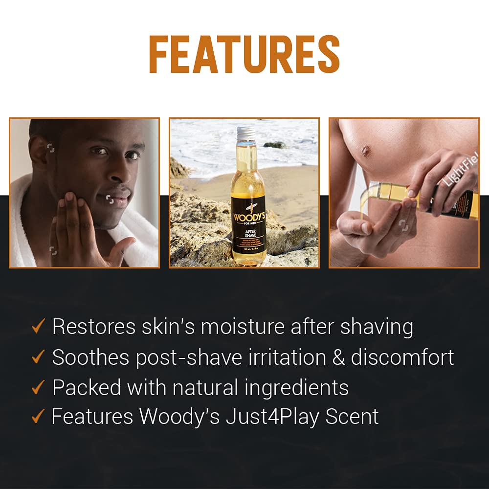 Woody's Aftershave Tonic label highlights aloe, calendula, chamomile for skin comfort.