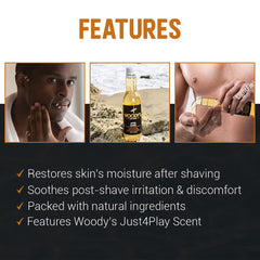 Woody's Aftershave Tonic label highlights aloe, calendula, chamomile for skin comfort.