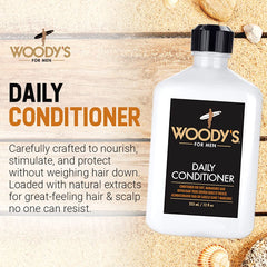 Woody's conditioner label close-up shows paraben-free formula for clean, nourished hair