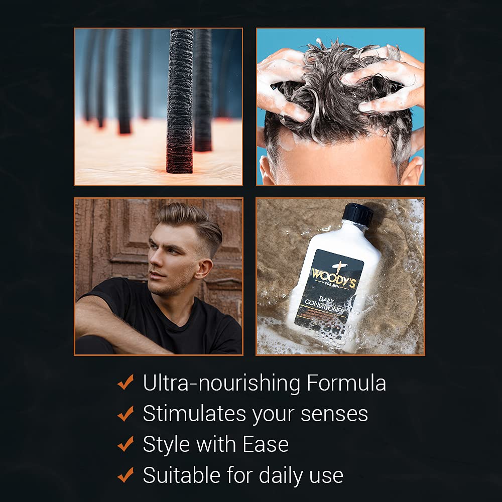 Woody's conditioner lathering through hair with a refreshing scalp sensation