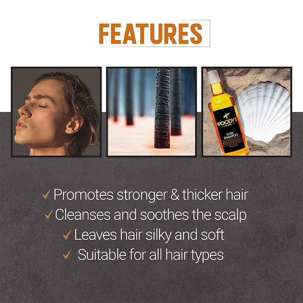 Woody's Daily Shampoo 32oz packaging supports long-use daily care.