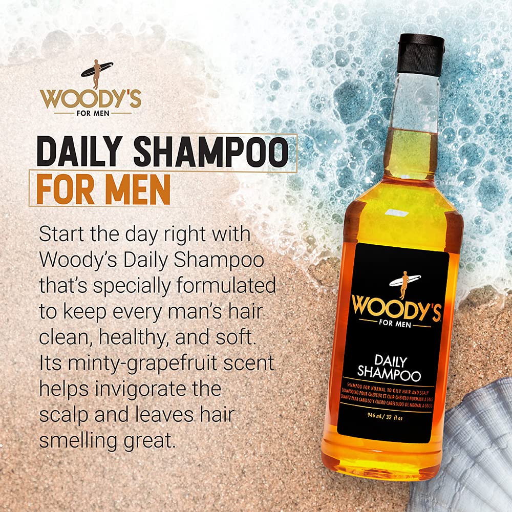 Woody's Daily Shampoo ingredients closeup highlighting vegan, all-natural formula.
