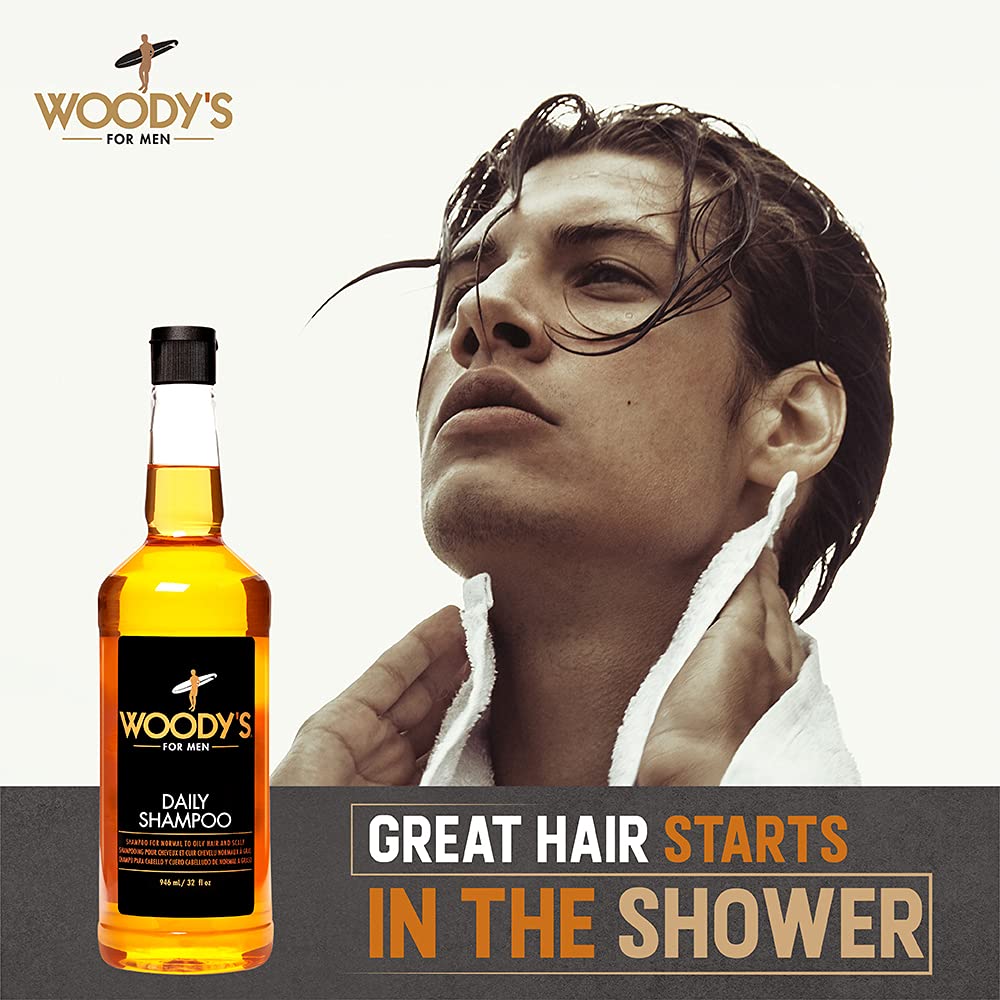 Woody's Daily Shampoo lather demonstrates gentle, sulfate-free cleansing.