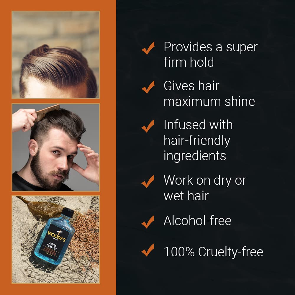 Woody's Mega Firm Hair Gel alcohol-free formula supports daily use and scalp comfort.