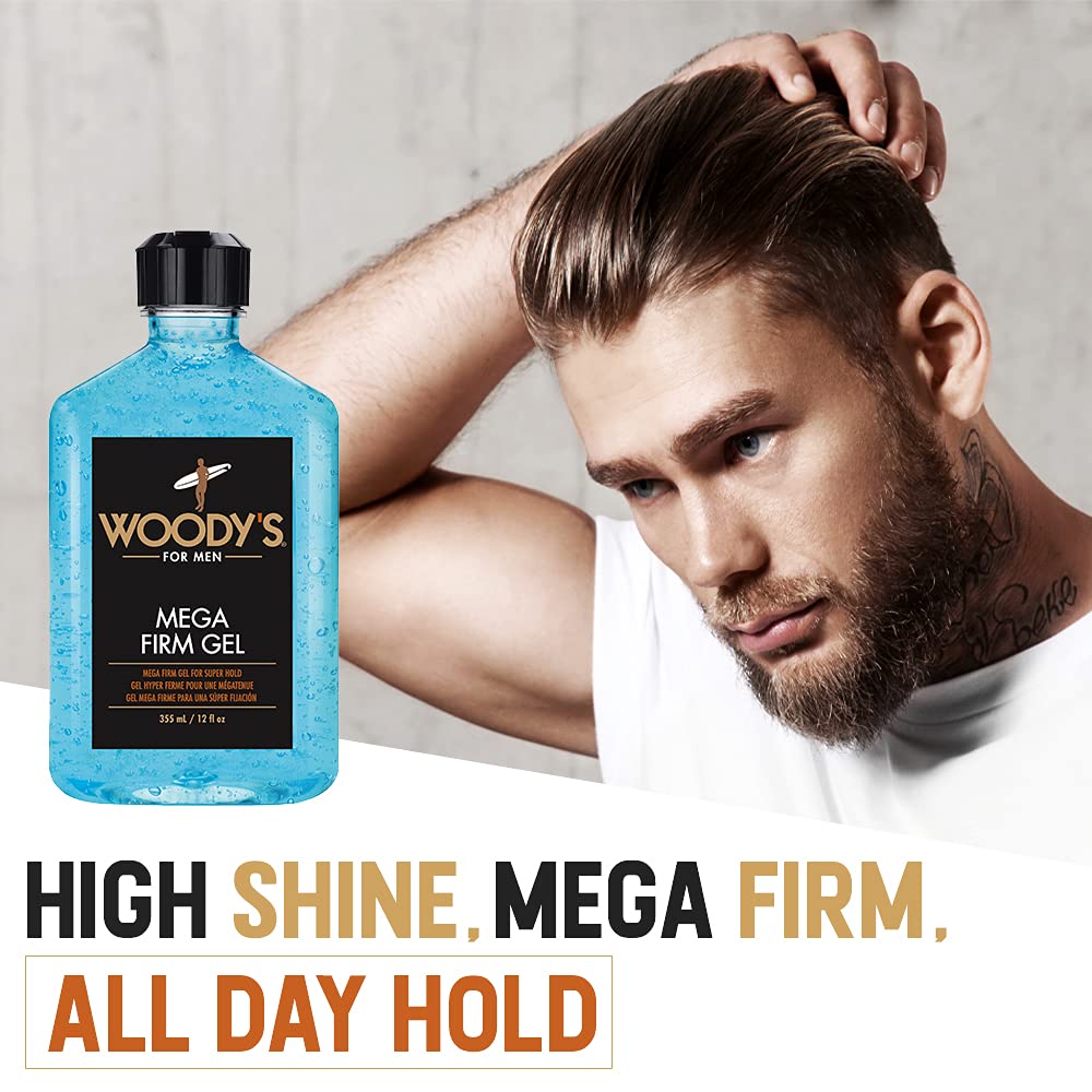 Woody's Mega Firm Hair Gel finish highlights a natural shine with no flake residue.