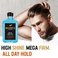 Woody's Mega Firm Hair Gel finish highlights a natural shine with no flake residue.