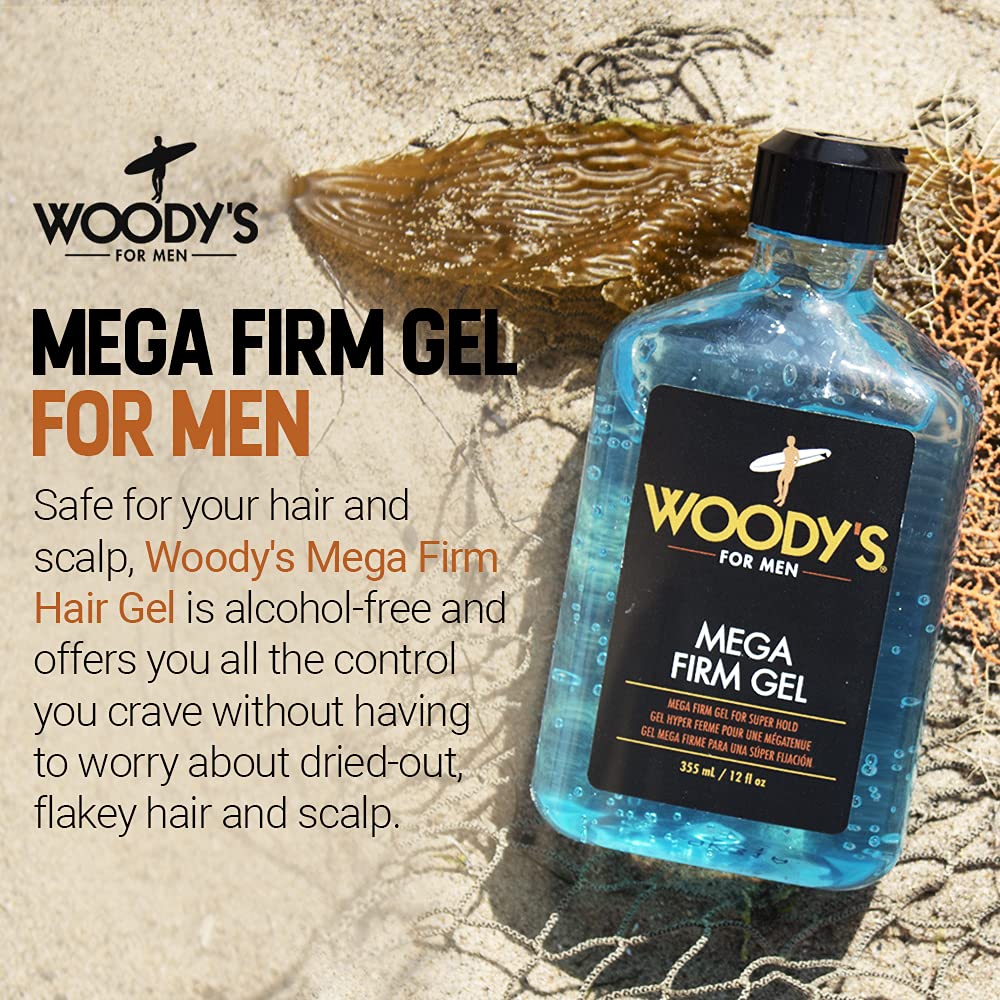 Woody's Mega Firm Hair Gel strong-hold side-part showcases durable, sleek styling from morning to evening.