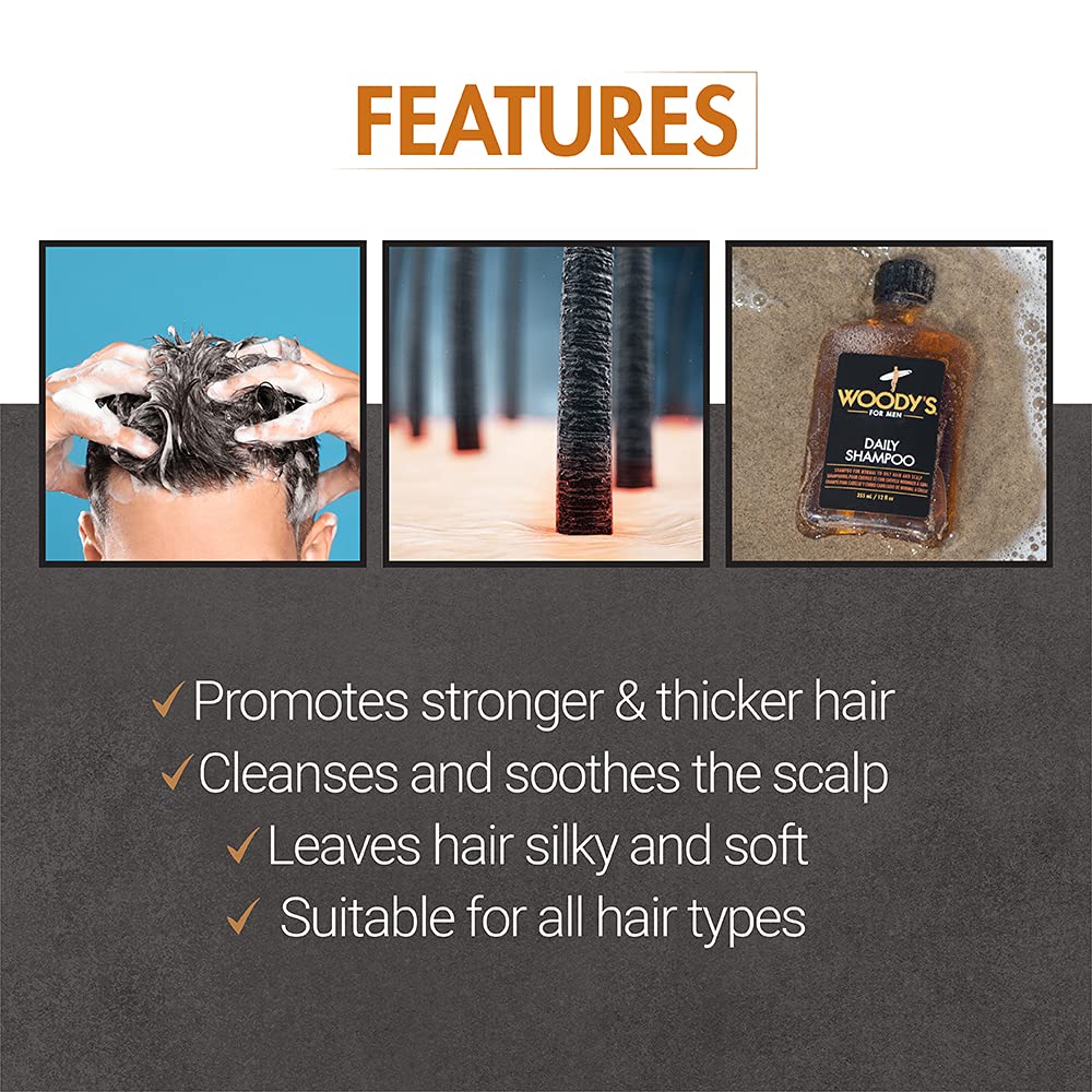Woody's Men's Daily Shampoo ginger soothes scalp during daily use.