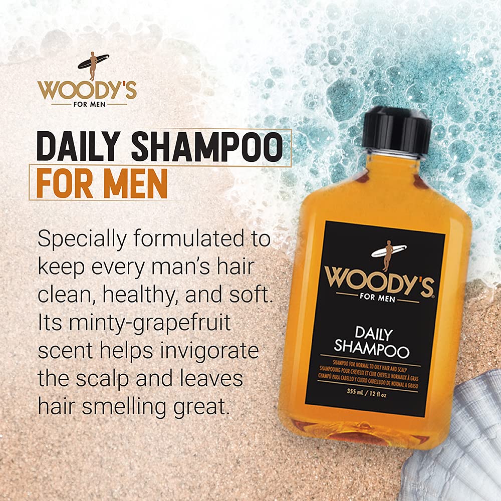 Woody's Men's Daily Shampoo rich lather emphasizes scalp-soothing ginger for comfort.