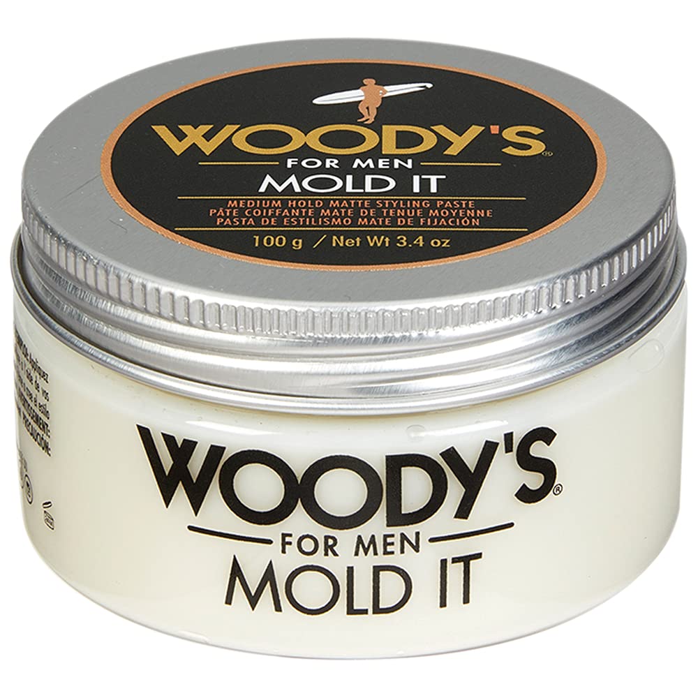 Woody's Mold It Matte Hair Paste closeup tube for natural matte finish styling.