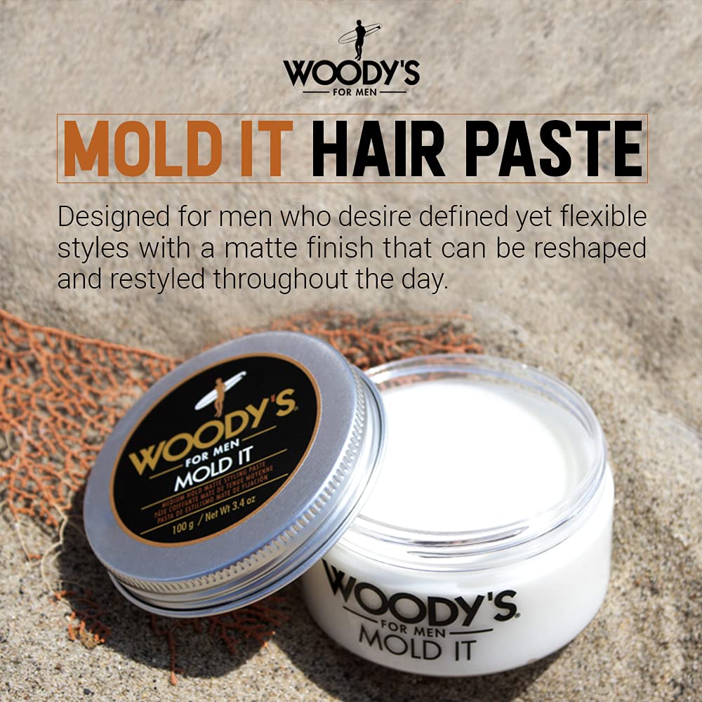 Woody's Mold It Matte Hair Paste hands applying product for easy reworkable styling.