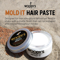 Woody's Mold It Matte Hair Paste hands applying product for easy reworkable styling.