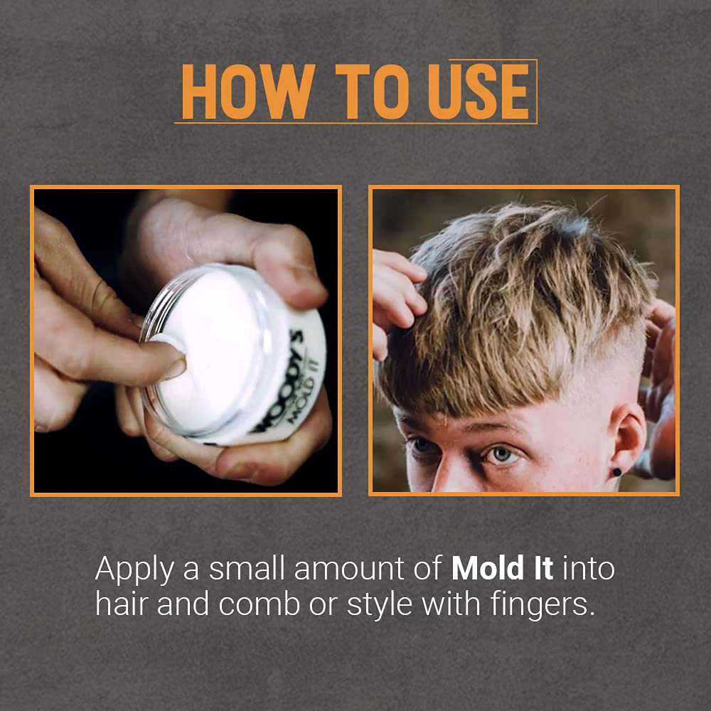 Woody's Mold It Matte Hair Paste model with styled hair showing natural finish.