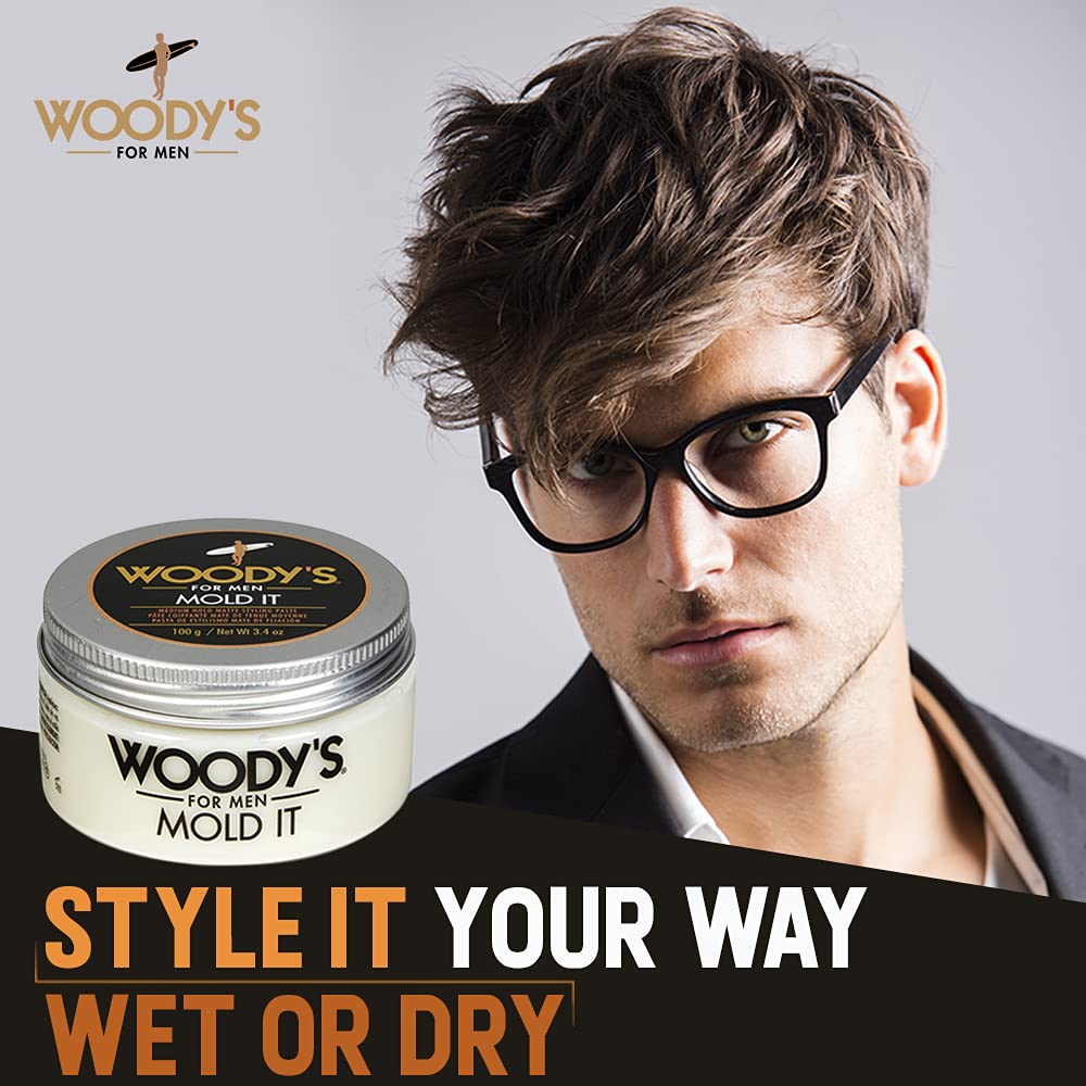 Woody's Mold It Matte Hair Paste on styled hair emphasizing texture and volume.