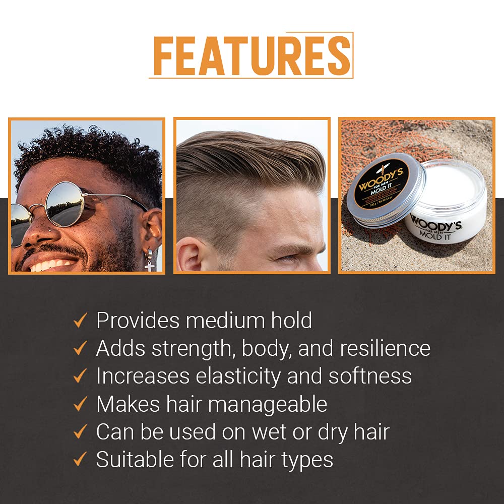 Woody's Mold It Matte Hair Paste matte finish on model with flexible hold.