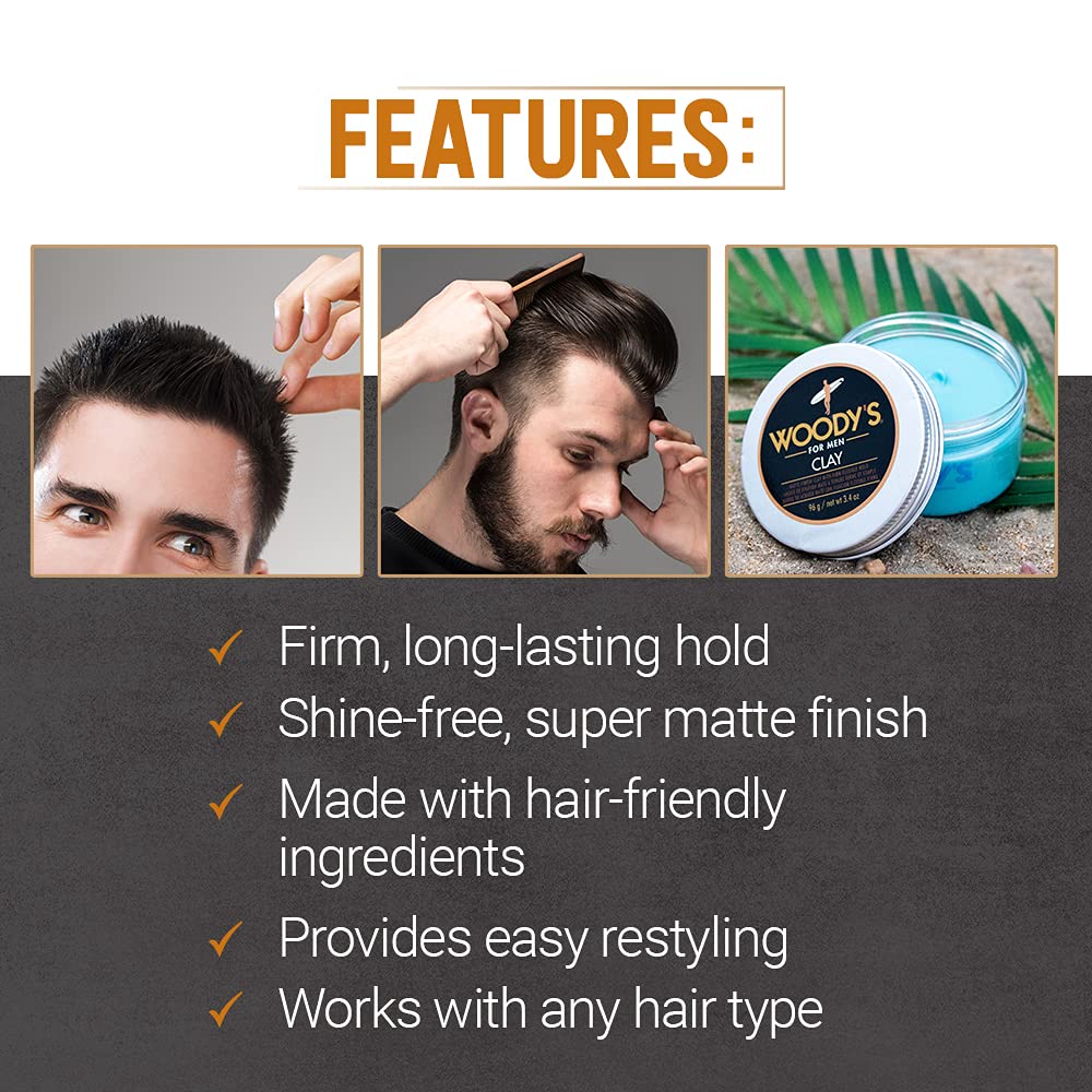 Woody's Premium Hair Clay jar close-up highlights all-hair-types adaptability.