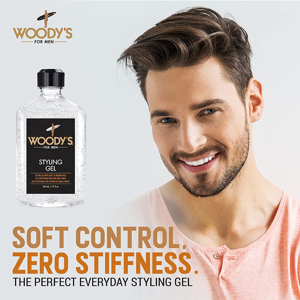 Woody's Styling Gel on hair delivering no crunch and natural texture.