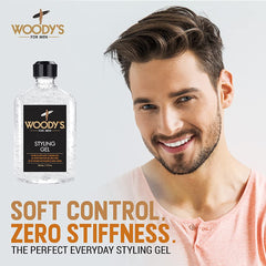 Woody's Styling Gel on hair delivering no crunch and natural texture.