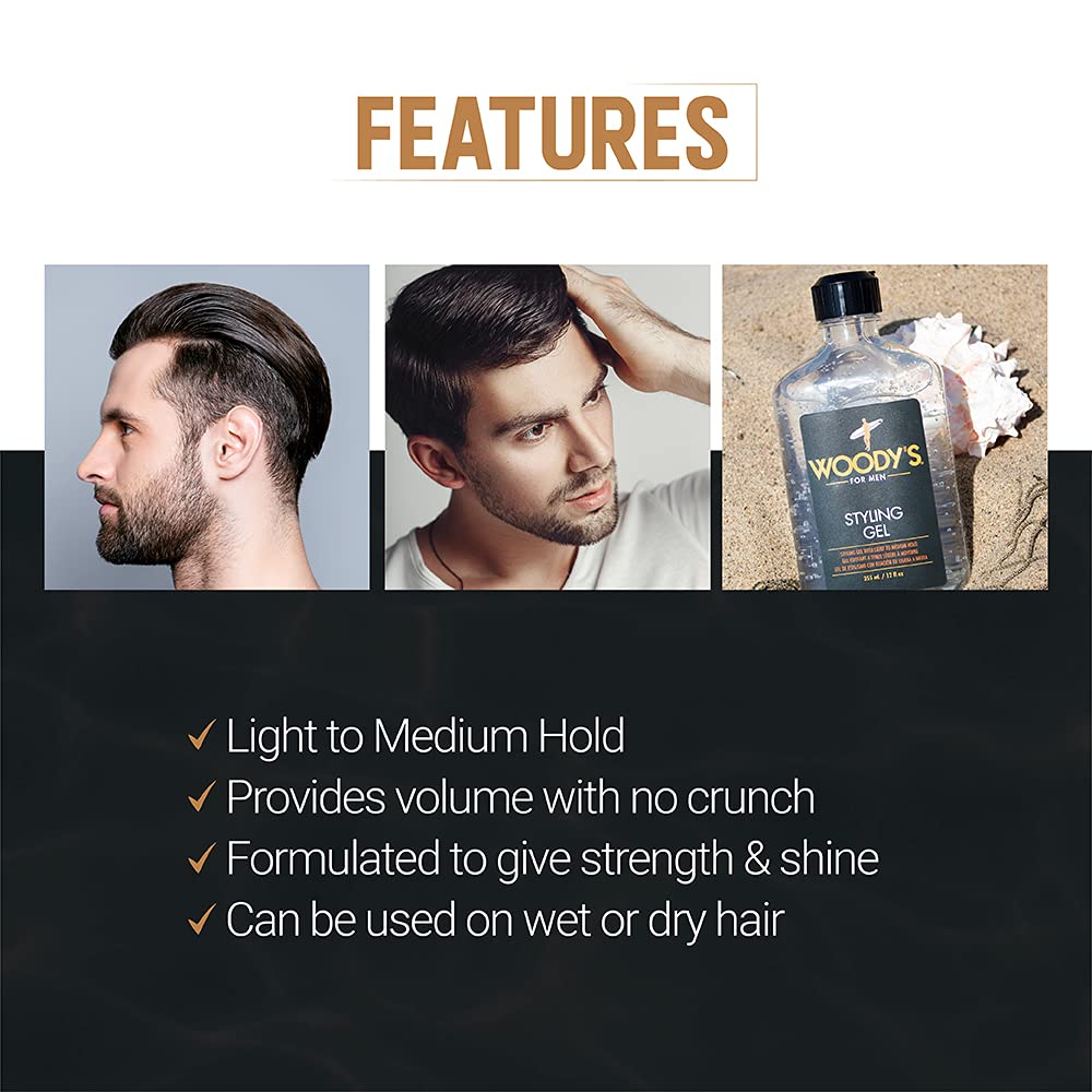 Woody's Styling Gel adds volume and lift for versatile looks.