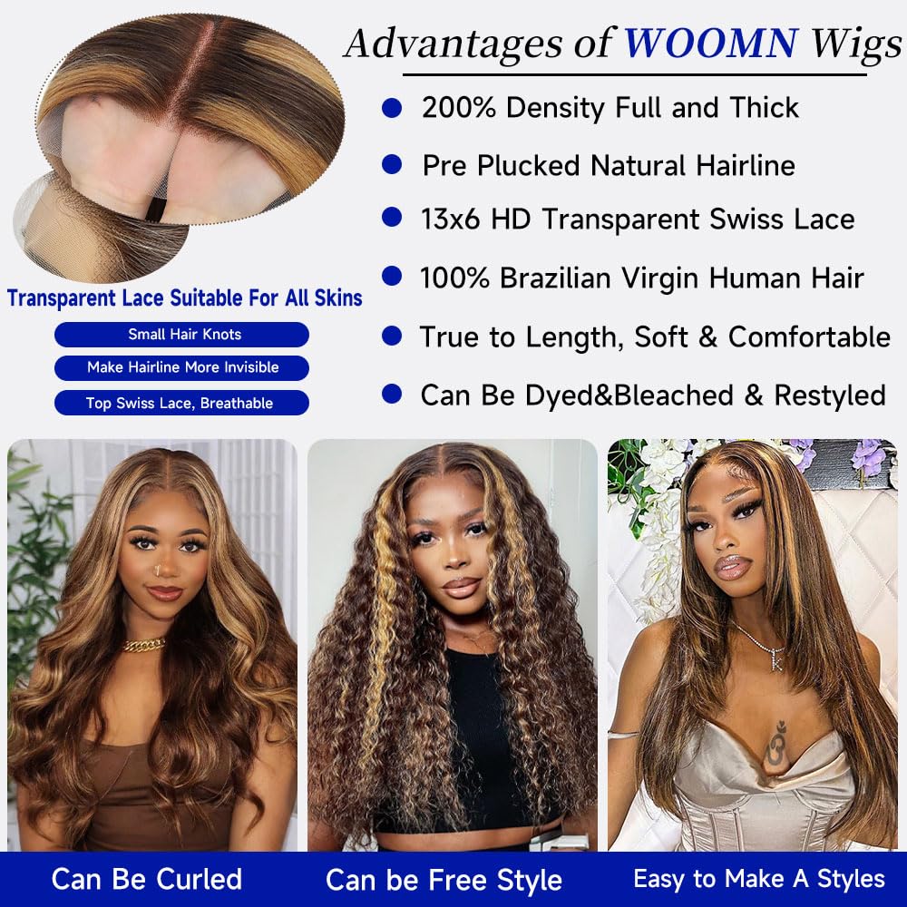 WOOMN honey-blonde highlight wig adds warm, natural-looking shine to virgin hair.