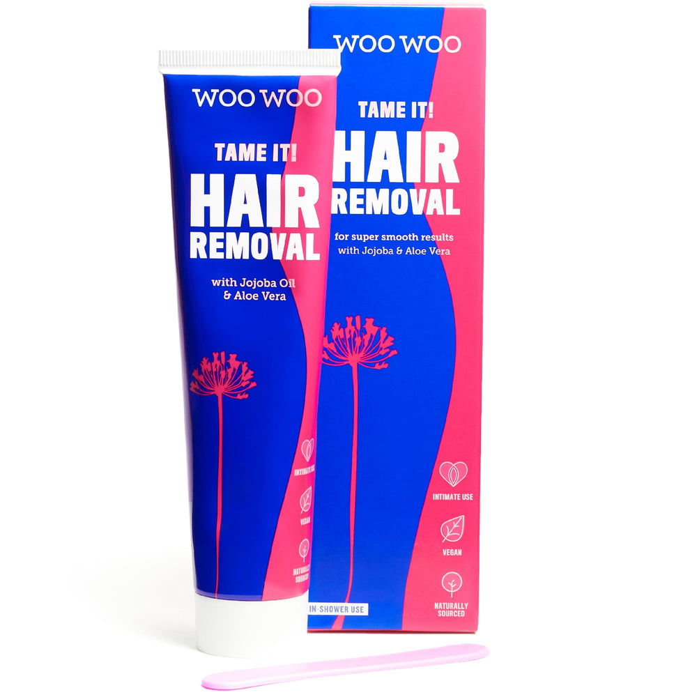 WOOWOO Tame It cream bottle closeup demonstrates in-shower use for silky skin.
