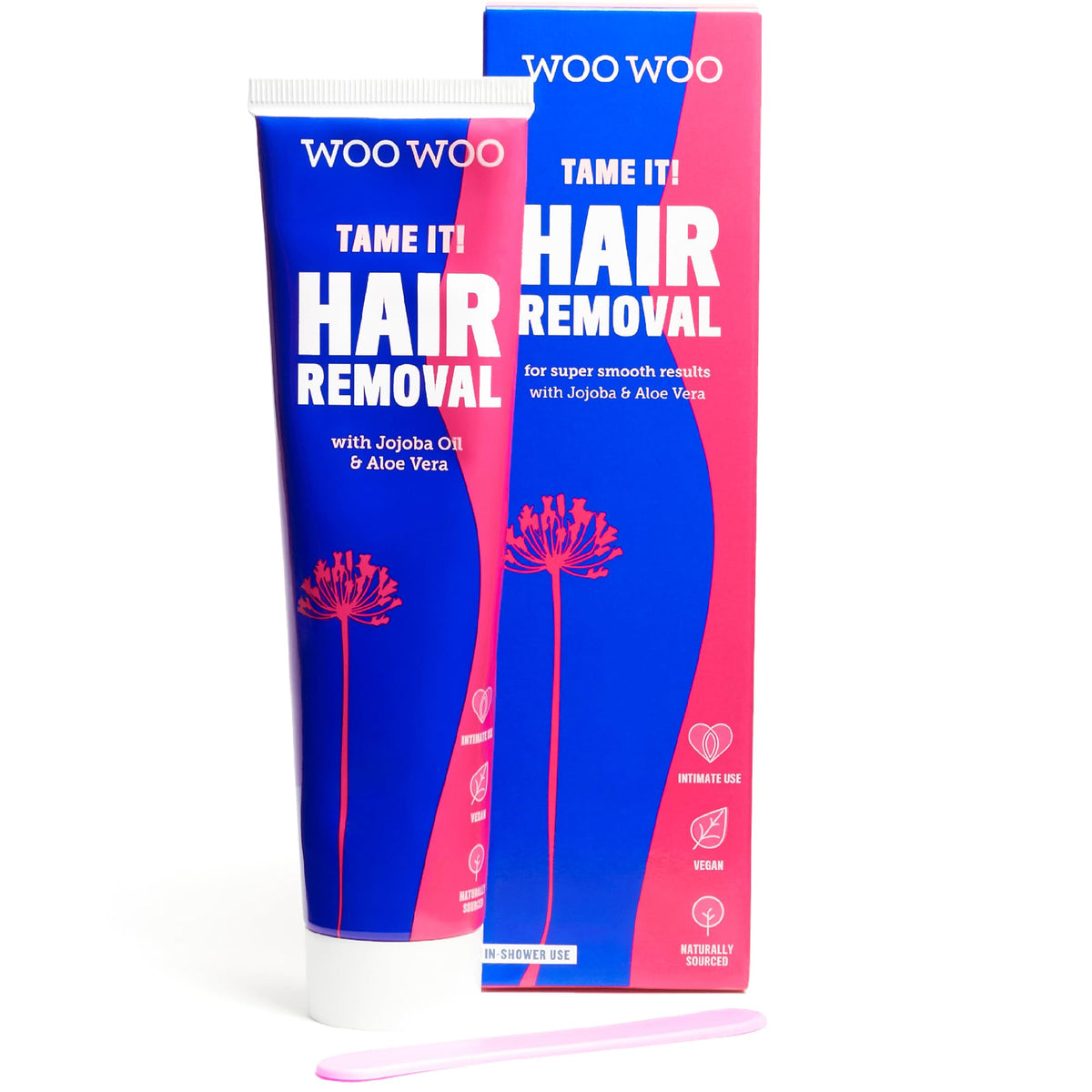 WOOWOO Tame It cream bottle closeup demonstrates in-shower use for silky skin.
