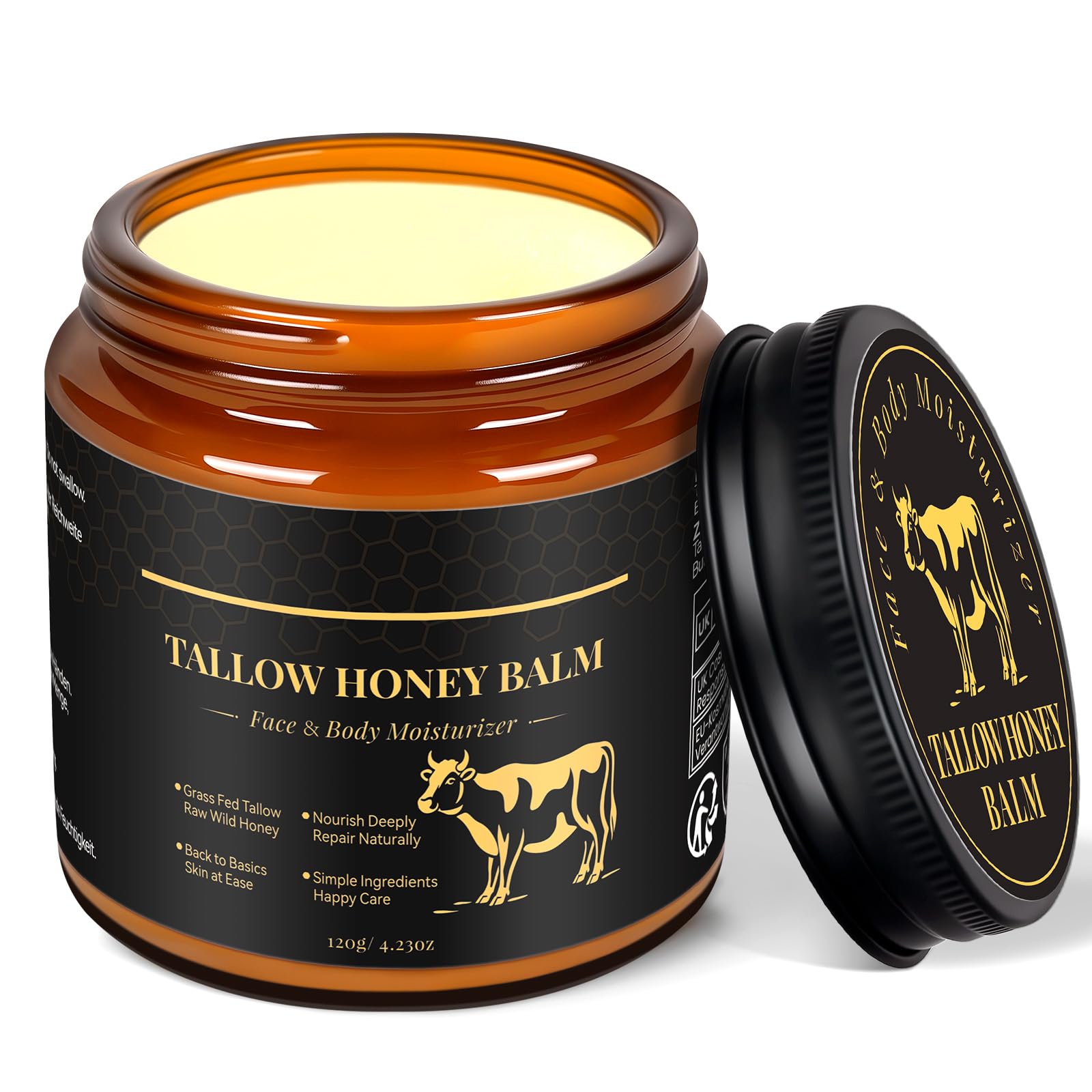 WOPD beef tallow honey face balm jar on a wooden surface, premium packaging.