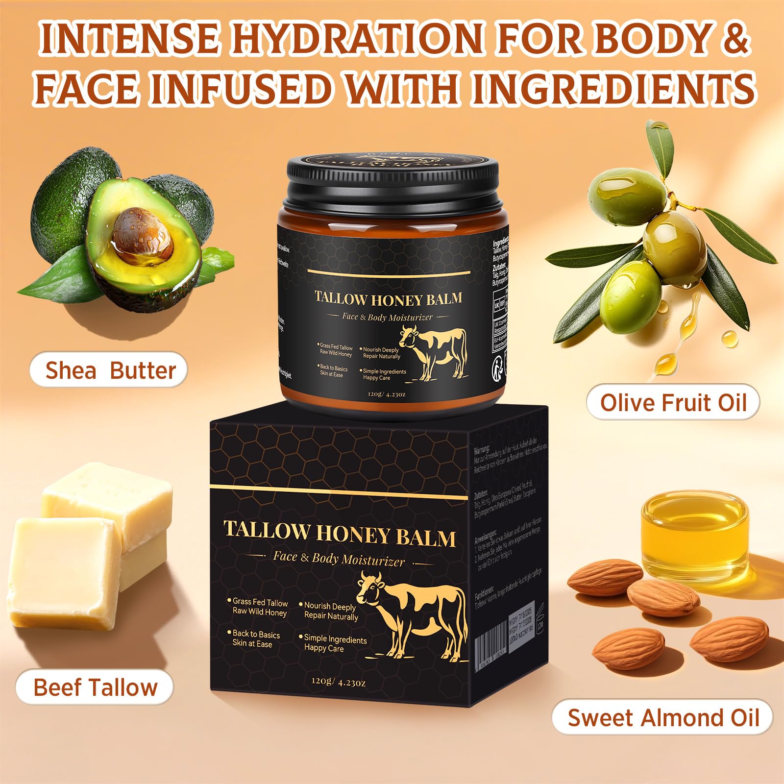 WOPD ingredients beef tallow and raw honey block illustrating clean formula.