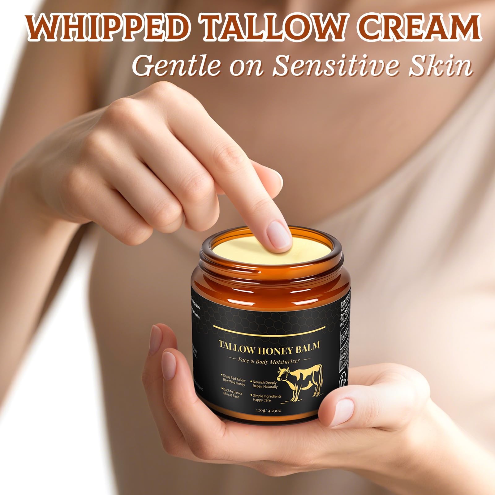 WOPD beef tallow honey texture close up showing whipped moisturizer.