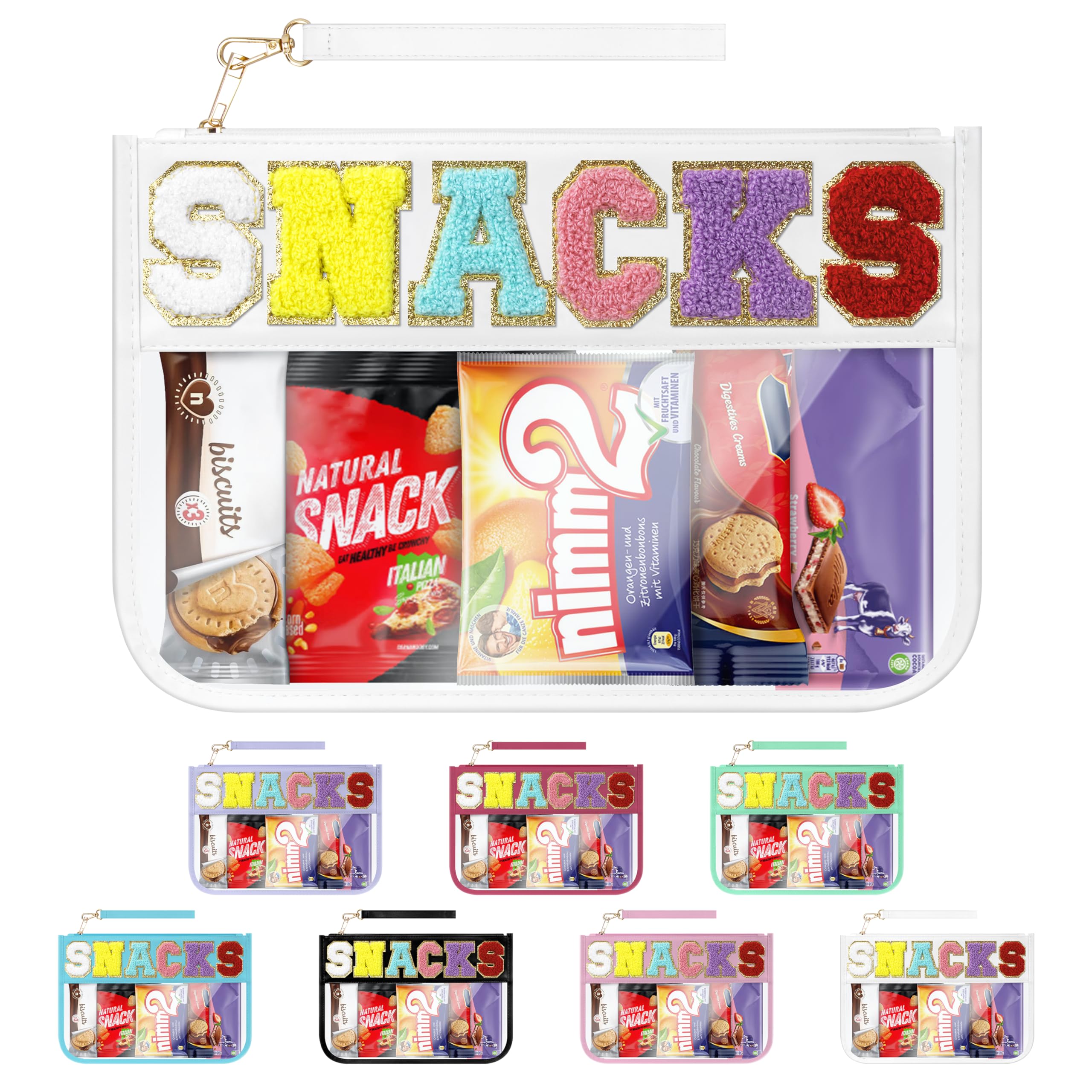 WOPIPAL snack bag with chenille letters, stylish makeup and travel storage.