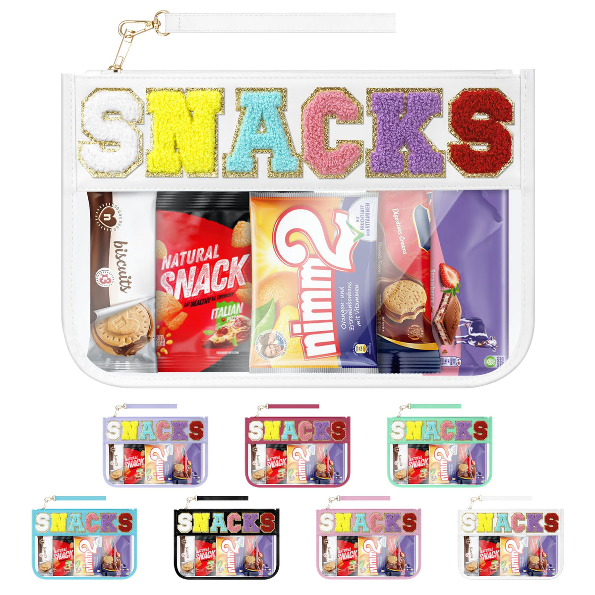 WOPIPAL snack bag with chenille letters, stylish makeup and travel storage.