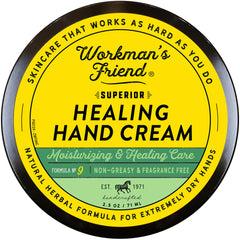 Workman's Friend Healing Cream jar demonstrates thick, intensive moisture for dry, cracked skin.
