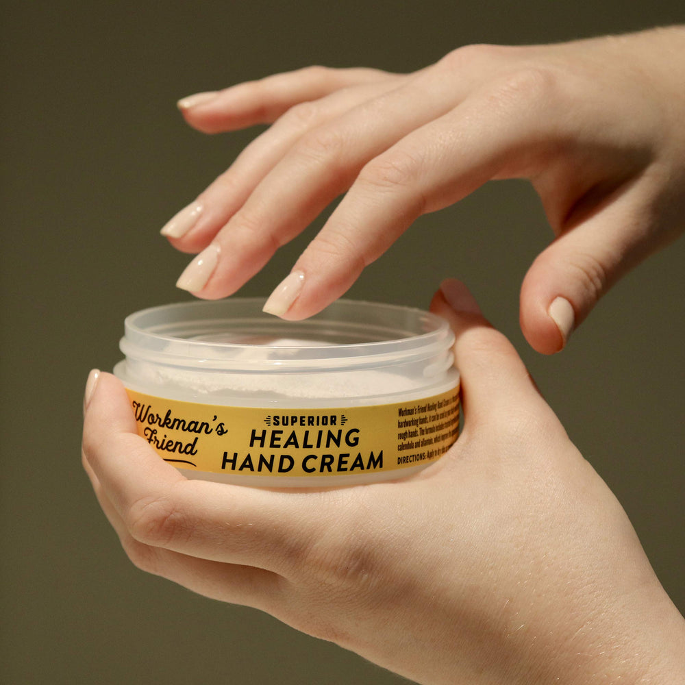 Workman's Friend Ultra Moisturizing Cream close-up highlights creamy texture for soothing dry hands.