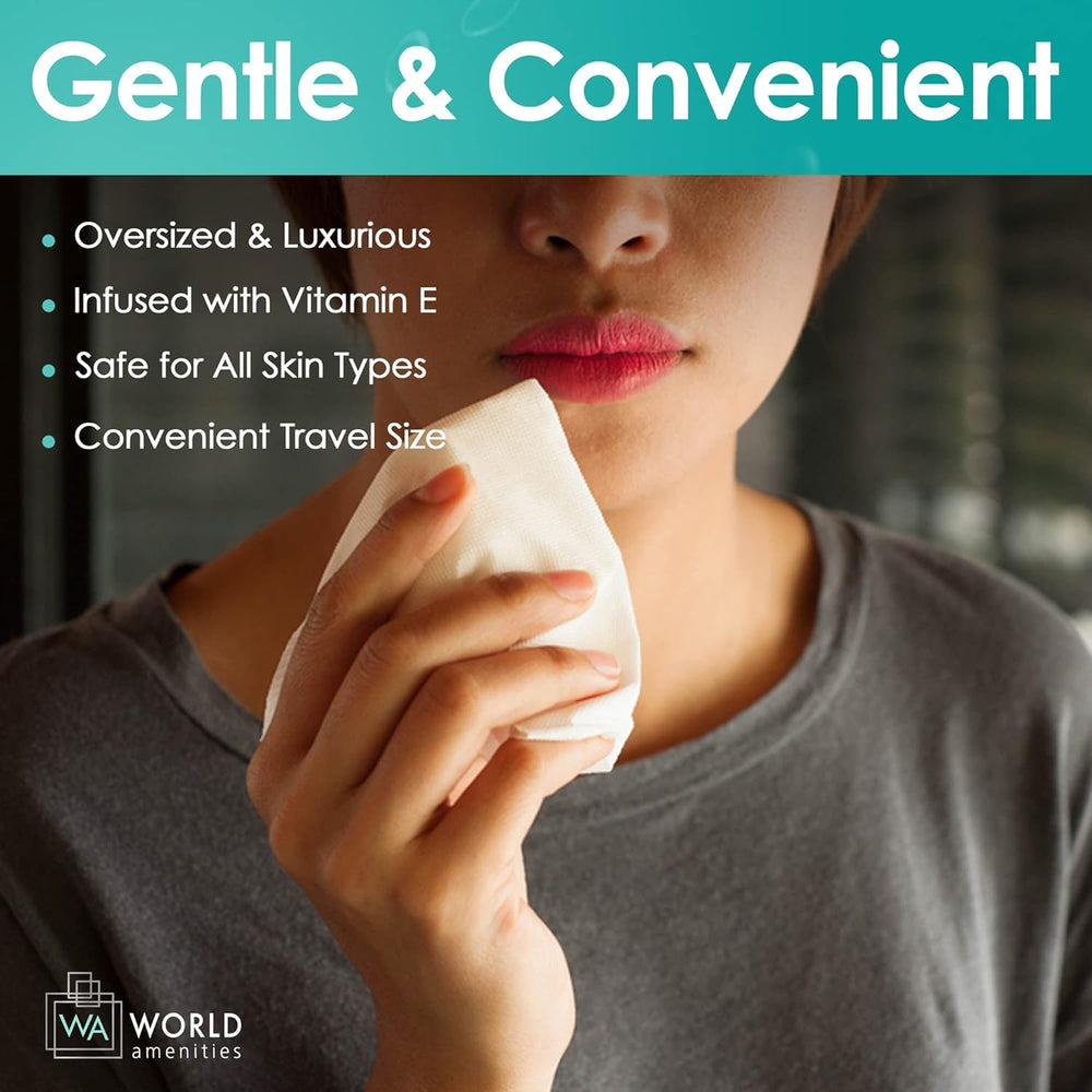 World Amenities makeup wipes bulk-count display emphasizes value and convenience for hospitality supplies
