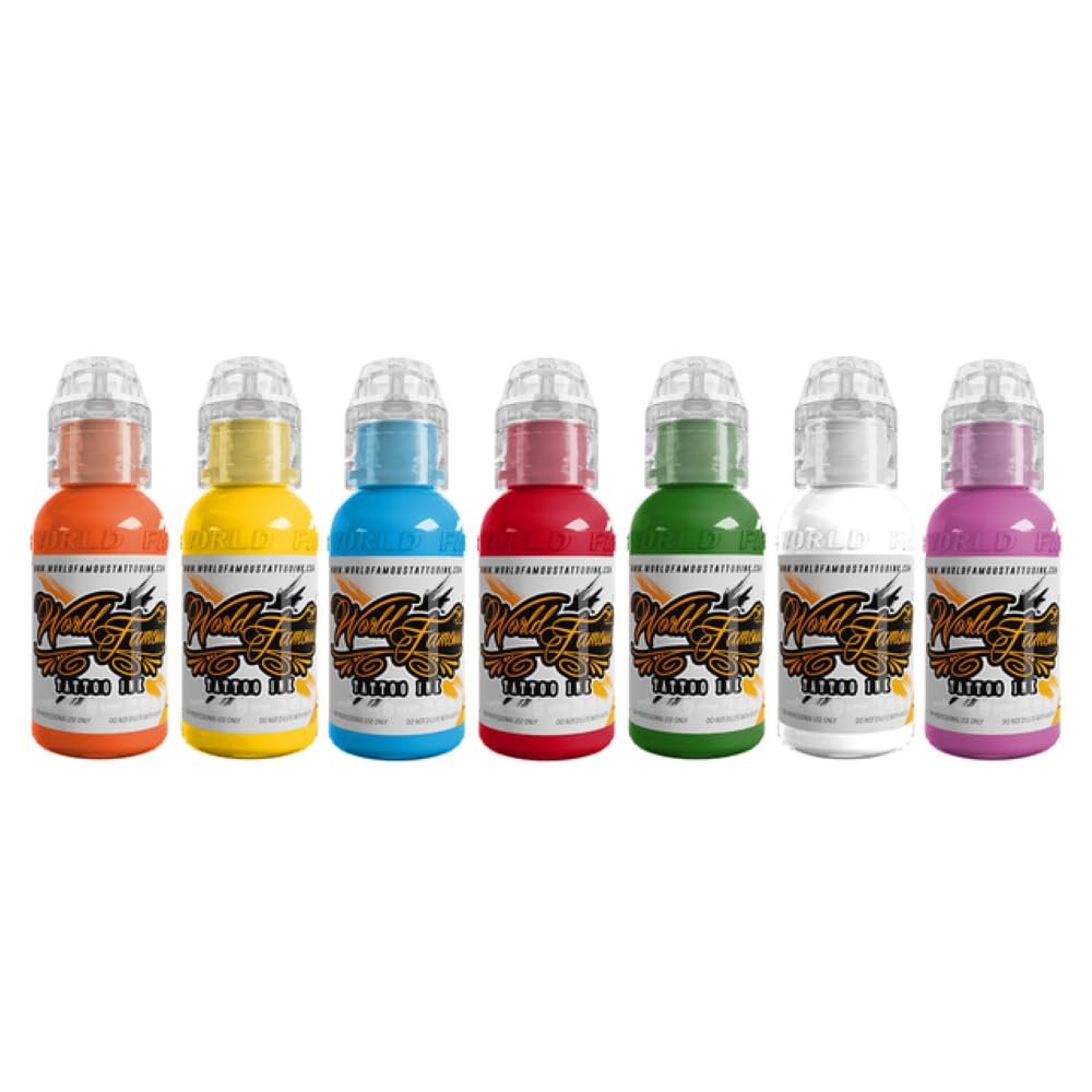 World Famous Tattoo Ink 7-color set travel-ready labels display compact kit for conventions.