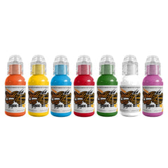 World Famous Tattoo Ink 7-color set travel-ready labels display compact kit for conventions.