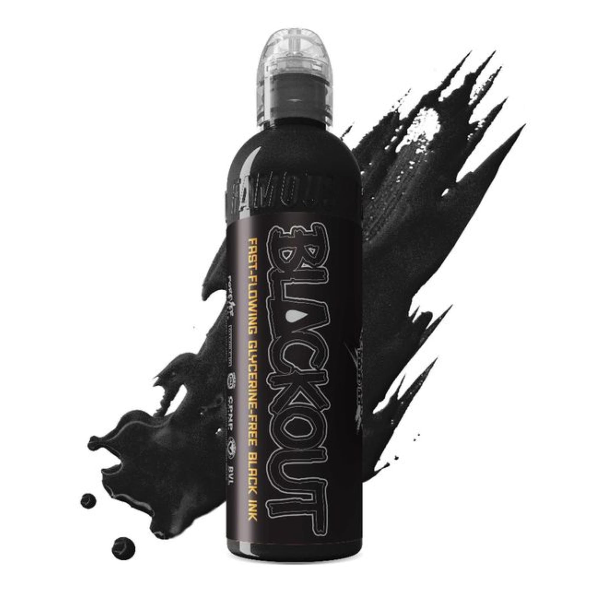 World Famous Tattoo Ink Blackout Black bottle close-up shows ultra-thin flow for lining.