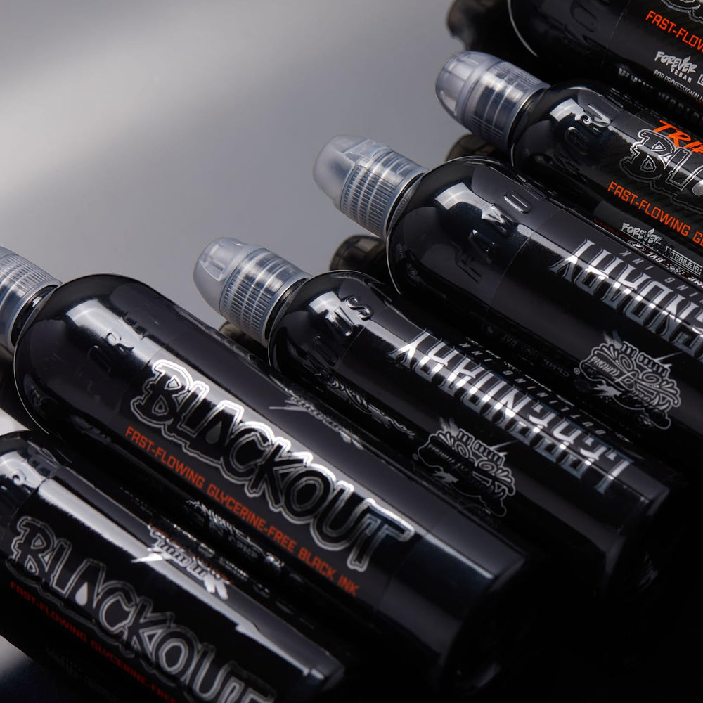 World Famous Tattoo Ink Blackout Crystal-Flex bottle with twist cap for hygienic studio use.