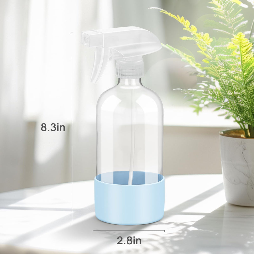 Worldgsb 2Pack glass spray bottles blue front view; grip-friendly silicone sleeve protects against slips.
