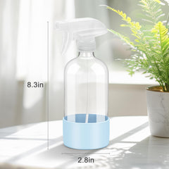 Worldgsb 2Pack glass spray bottles blue front view; grip-friendly silicone sleeve protects against slips.
