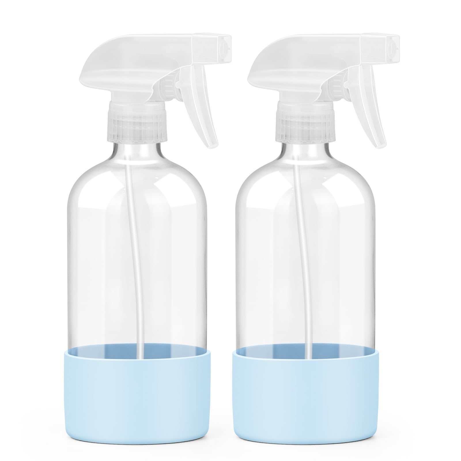 Worldgsb 2Pack glass spray bottles blue side view; clear glass shows liquid levels for easy monitoring.
