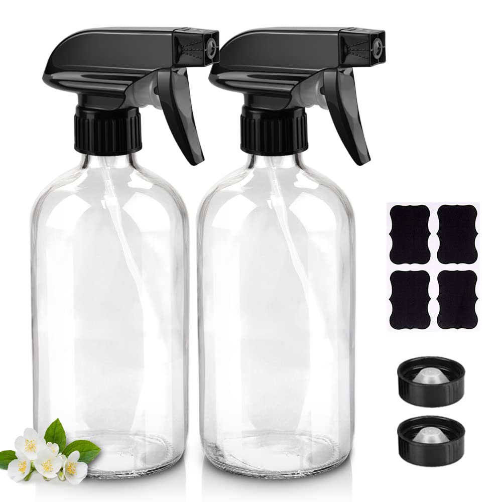 Worldgsb glass spray bottle 16oz clear with labels for organization