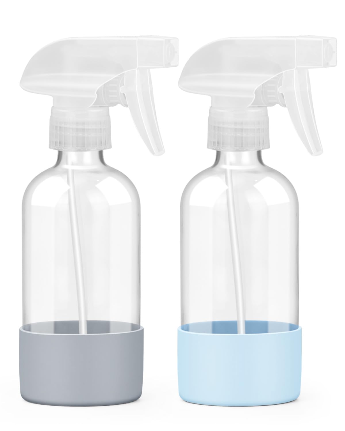 Worldgsb glass spray bottle 8oz with blue-gray silicone sleeve ideal for home cleaning.