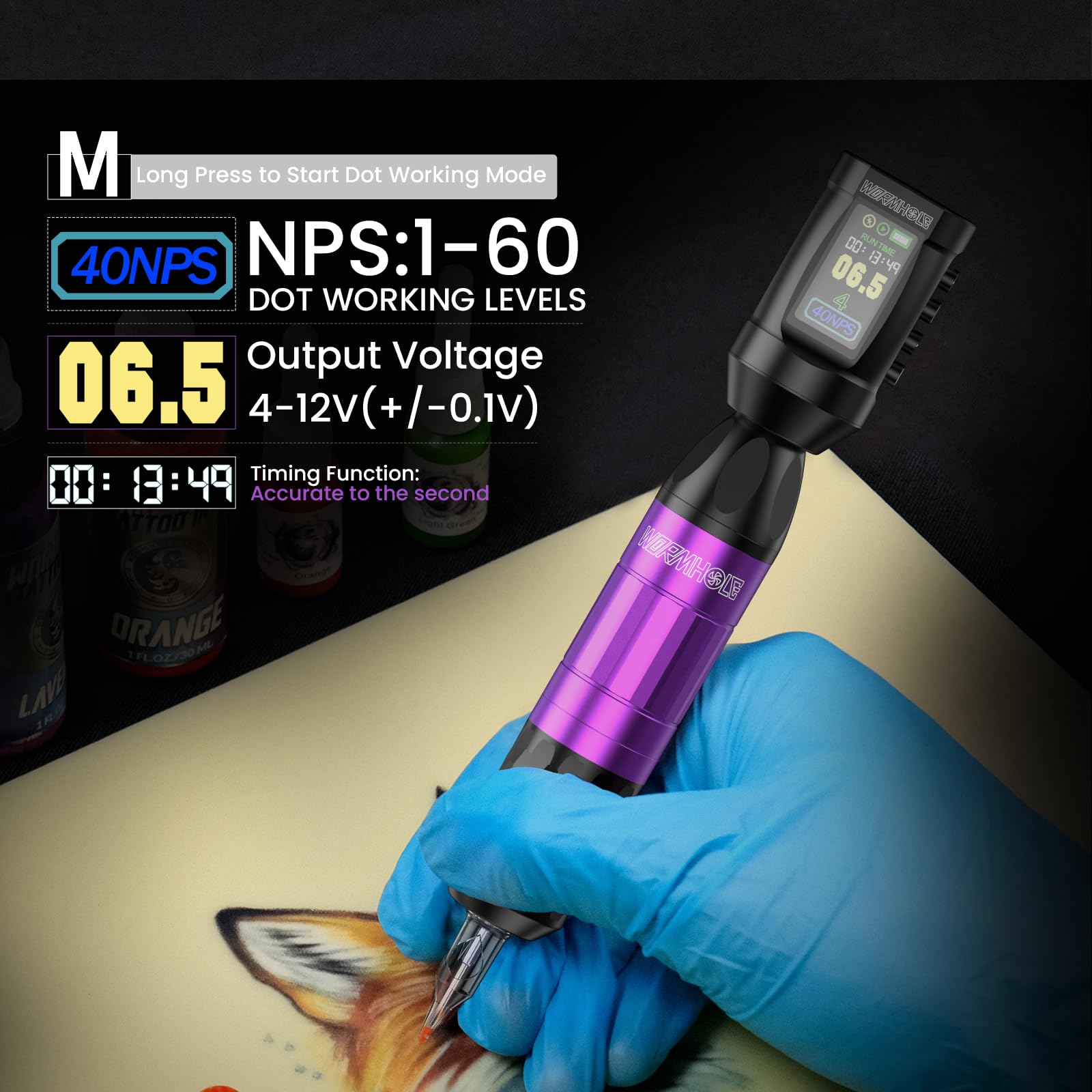 Wormhole Tattoo Gun Kit jumpstart mode helps start sessions quickly with memory voltage.